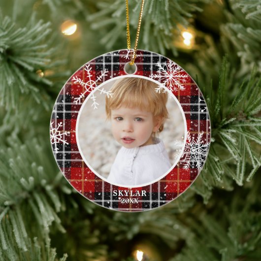 Red Pset Snowflake Fotonaam Jaar Keramisch Ornament (Boom)
