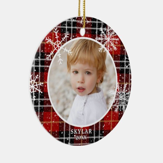 Red Pset Snowflake Fotonaam Jaar Keramisch Ornament (Rechts)