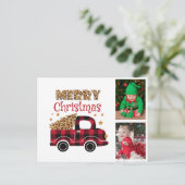Red Pset Truck Merry Kerstmis Kinder Familie Foto Feestdagenkaart (Staand voorkant)