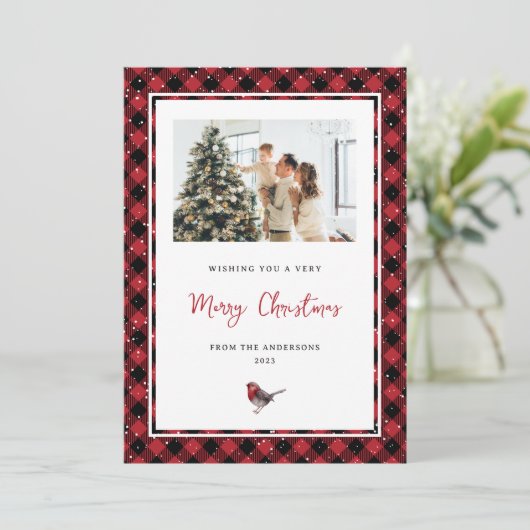 Red Pset Waterverf Robin FotoKerstmis Feestdagenkaart (Staand voorkant)