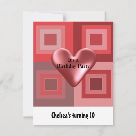 Red Puffy Heart Birthday Invitation Kaart (Voorkant)