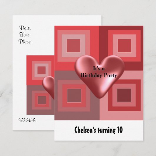 Red Puffy Heart Birthday Invitation Kaart (Voorkant / Achterkant)