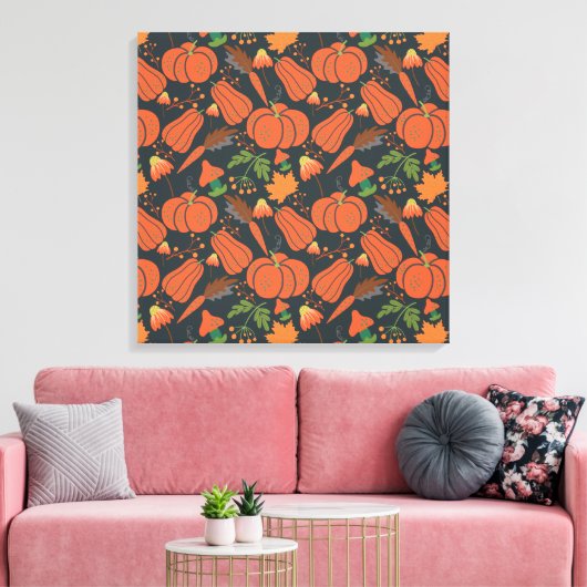 Red pumpkin seamless pattern and carrots canvas afdruk (Insitu (Woonkamer))