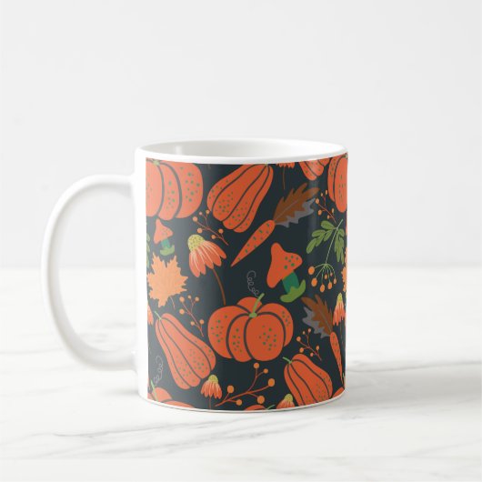 Red pumpkin seamless pattern and carrots koffiemok (Links)