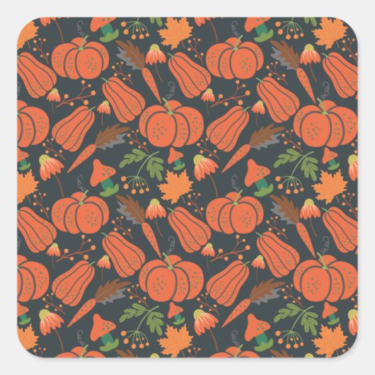 Red pumpkin seamless pattern and carrots vierkante sticker (Voorkant)