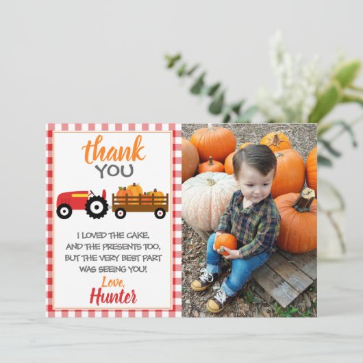 Red Pumpkin Tractor Hartelijk dank Bedankkaart (Staand voorkant)