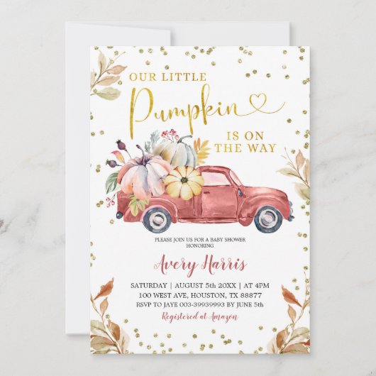 Red Pumpkin Truck Baby shower Invitation Kaart (Voorkant)
