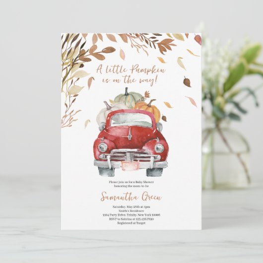 Red Pumpkin Truck Baby shower Kaart (Staand voorkant)