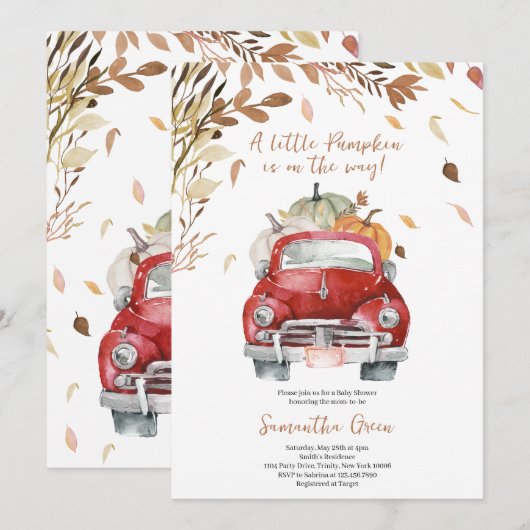 Red Pumpkin Truck Baby shower Kaart (Voorkant / Achterkant)