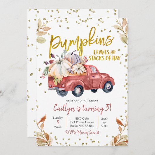 Red Pumpkin Truck Birthday Invitation Kaart (Voorkant / Achterkant)