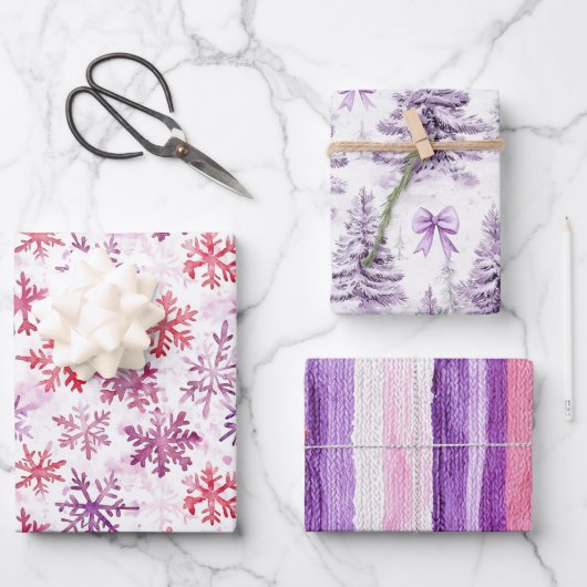Red Purple Snowflakes Christmas Tree Stripes Inpakpapier Vel (Voorkant)
