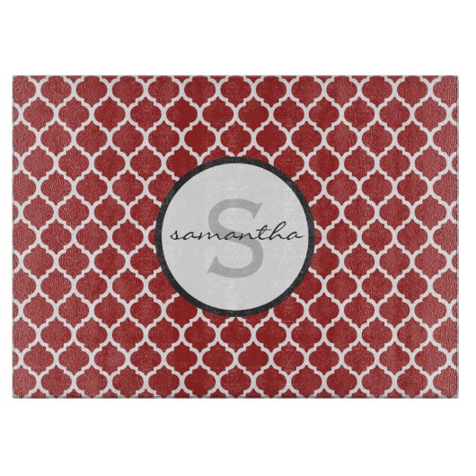 Red Quatrefoil Monogram Snijplank (Voorkant)