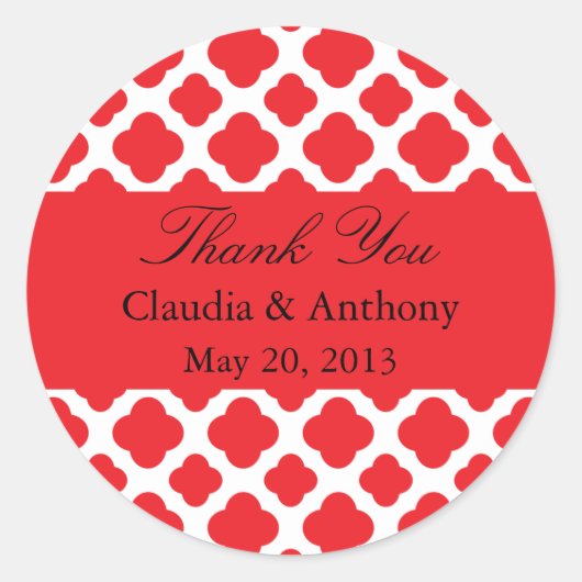 Red Quatrefoil Pattern Weddenschap Hartelijk dank Ronde Sticker (Voorkant)