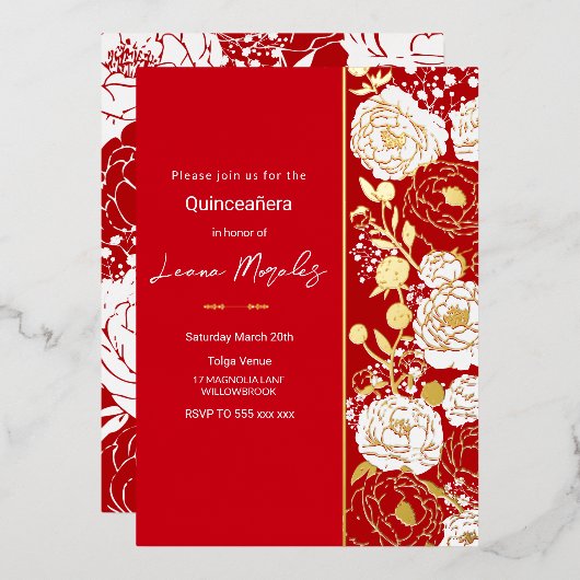 Red Quinceañera Folie Invitation Uitnodiging (Voorkant / Achterkant)