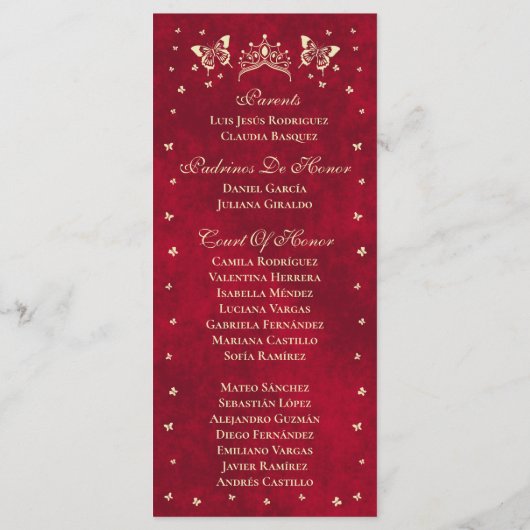 Red Quinceañera Gold Tiara Butterfly 15 jaar oud Programmakaart (Achterkant)