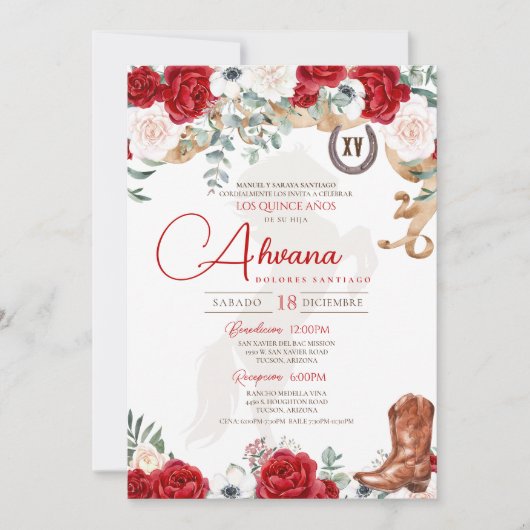 Red Quinceanera Roos Anemone Fancy Charro/Cowgirl Kaart (Voorkant)