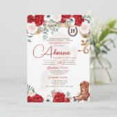 Red Quinceanera Roos Anemone Fancy Charro/Cowgirl Kaart (Staand voorkant)