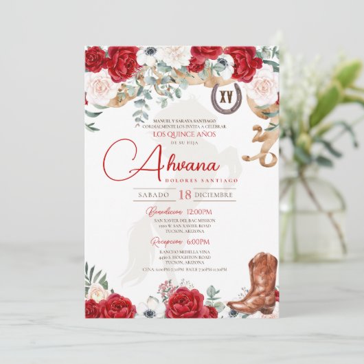 Red Quinceanera Roos Anemone Fancy Charro/Cowgirl Kaart (Staand voorkant)