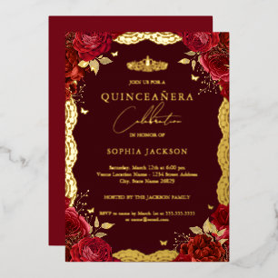 Red Quinceanera Roos Gold Lace Birthday Folie Uitnodiging