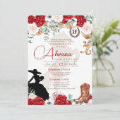 Red Quinceanera Rozen Anemone Fancy Charra/Cowgirl Kaart (Staand voorkant)