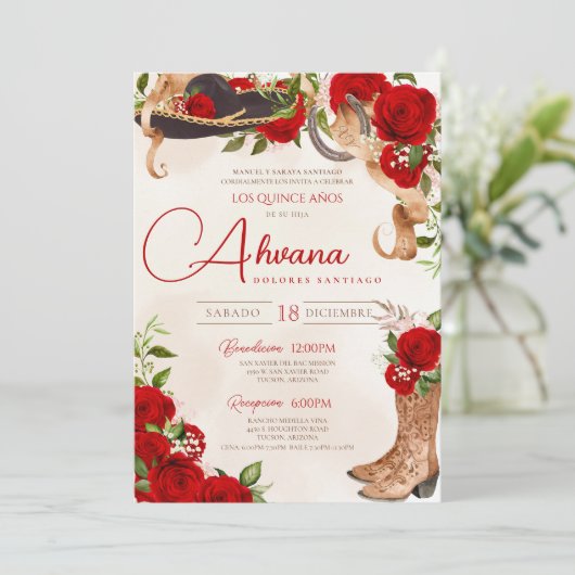 Red Quinceanera Rozen Charro Western Flora Kaart (Staand voorkant)