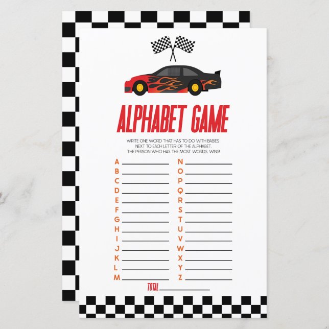 Red Race Auto Alphabet Baby shower spel (Voorkant / Achterkant)