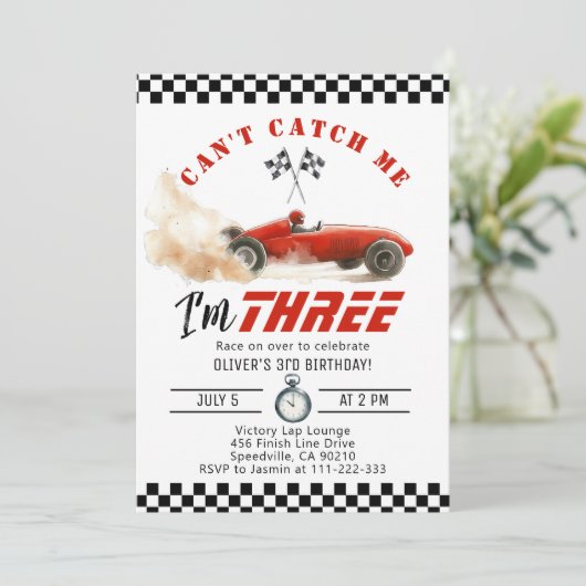 Red Race auto Cant catch me Boy 3e verjaardag Kaart (Staand voorkant)
