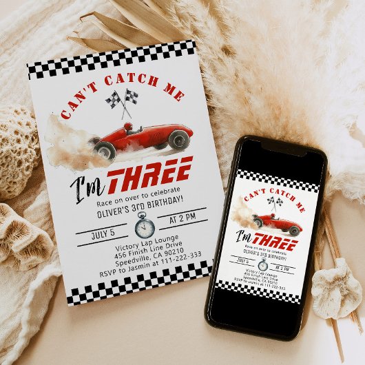 Red Race auto Cant catch me Boy 3e verjaardag Kaart