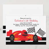 Red Race-auto met gevlames Boys Birthday-uitnodigi Kaart (Voorkant / Achterkant)