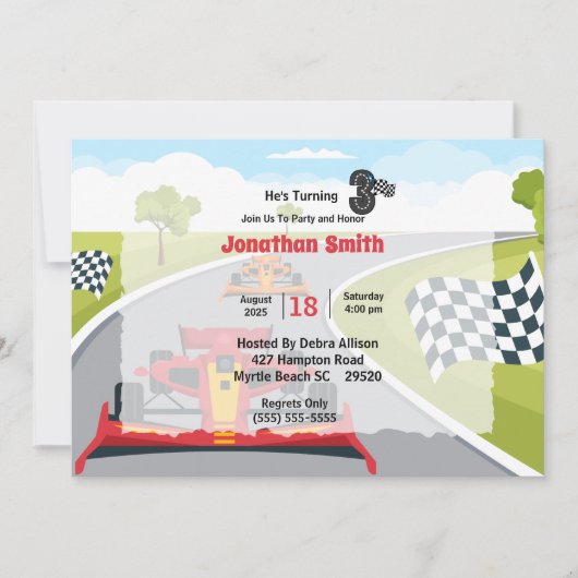Red Race Car 3rd Birthday Party Invitation Kaart (Voorkant)