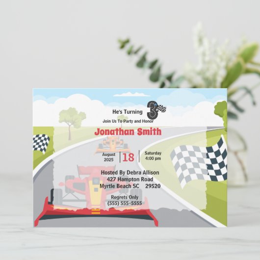 Red Race Car 3rd Birthday Party Invitation Kaart (Staand voorkant)