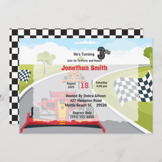 Red Race Car 3rd Birthday Party Invitation Kaart (Voorkant / Achterkant)