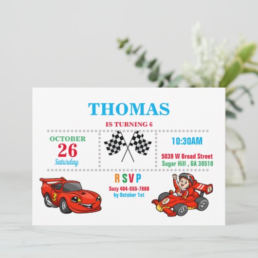 Red Race Car Birthday Uitnodiging (Staand voorkant)