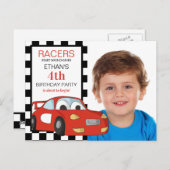 Red Race Car Black White, gecheckt op de 4e verjaa Briefkaart (Voorkant / Achterkant)