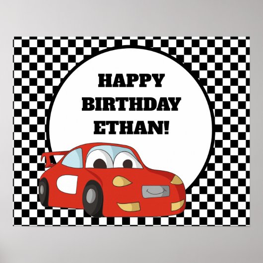 Red Race Car Black White, gecheckt op feestdag Poster (Voorkant)