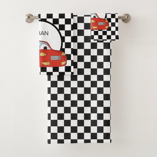 Red Race Car Black White, gecheckt op vlag Kindere Bad Handdoek (Insitu)