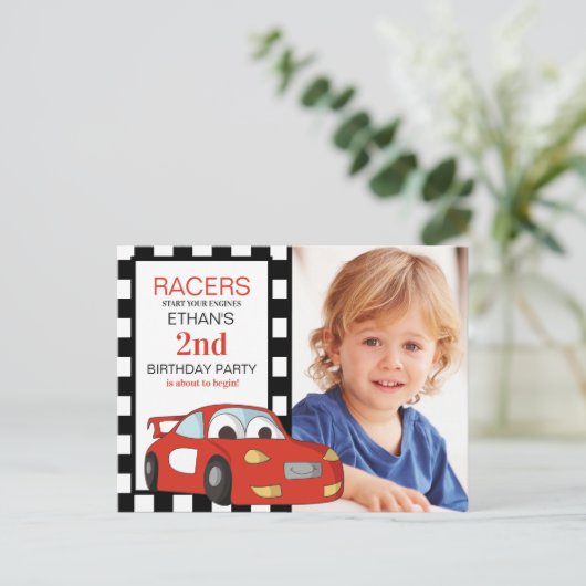 Red Race Car Black White, tweede verjaardag gecont Briefkaart (Staand voorkant)