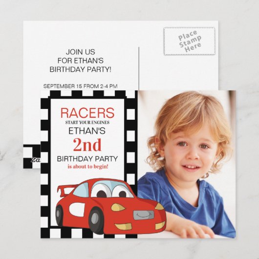 Red Race Car Black White, tweede verjaardag gecont Briefkaart (Voorkant / Achterkant)