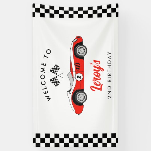 Red  Race Car Boy 2e Verjaardag Welkom Spandoek (Verticaal)