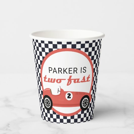 Red Race Car Boy Racing Two Fast Birthday Party Papieren Bekers (Achterkant)