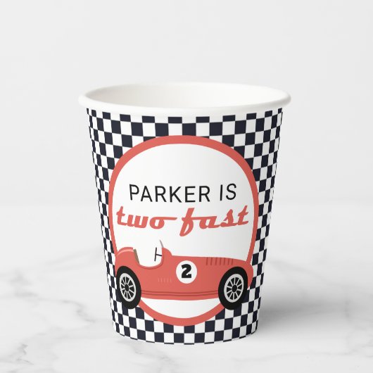 Red Race Car Boy Racing Two Fast Birthday Party Papieren Bekers (Voorkant)