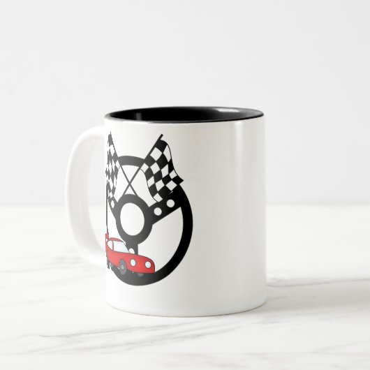 Red Race Car en Flags Tweekleurige Koffiemok (Voorkant links)