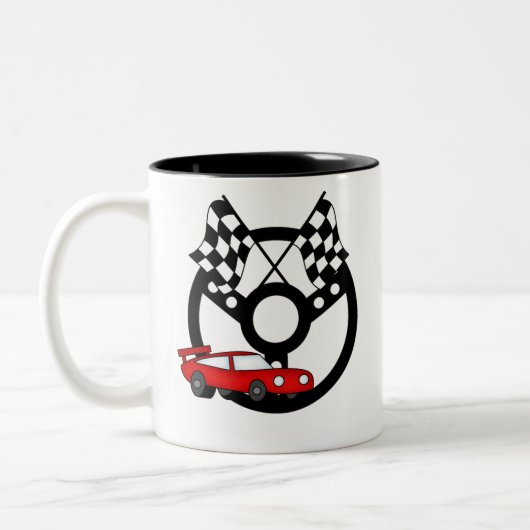 Red Race Car en Flags Tweekleurige Koffiemok (Links)