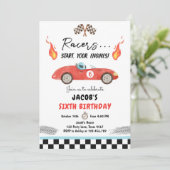 Red Race Car Fast Curious Boy Birthday Kaart (Staand voorkant)