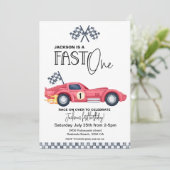 Red Race car FAST ONE Birthday invition Kaart (Staand voorkant)