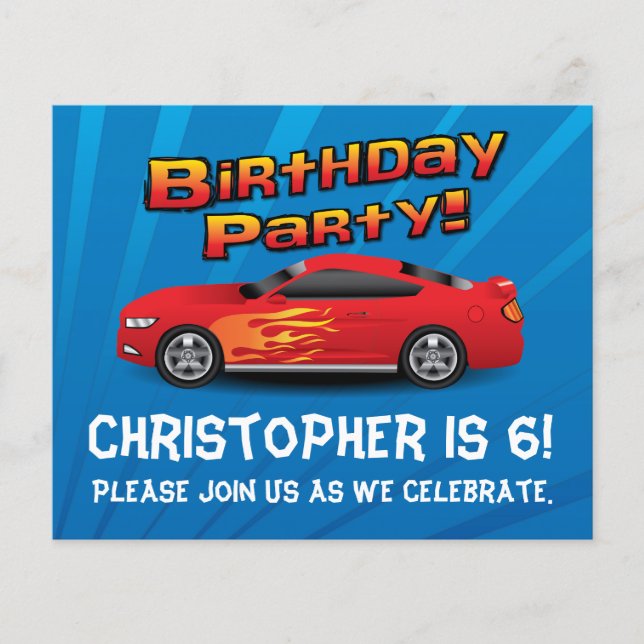 Red Race Car Flames Boys Birthday Party Invitation (Voorkant)