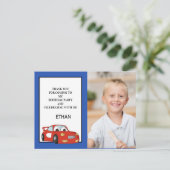 Red Race Car op Dark Blue Birthday Foto Briefkaart (Staand voorkant)
