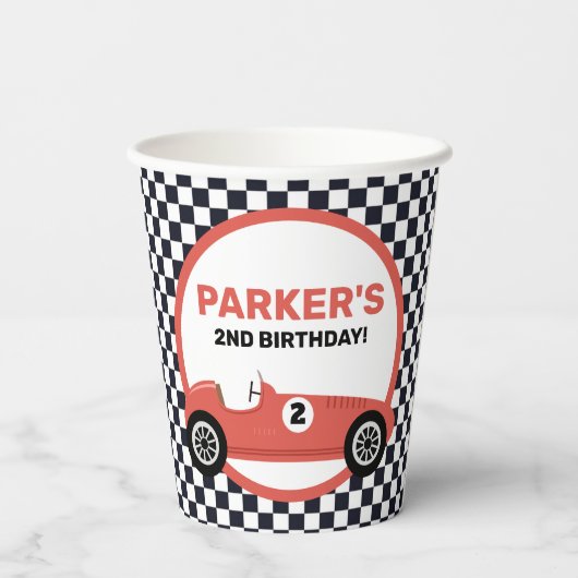 Red Race Car Racing Birthday Papieren Bekers (Achterkant)