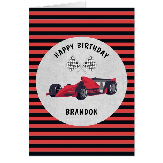 Red Race Car Striped Birthday Card (Voorkant)