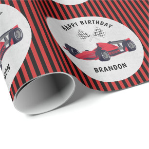 Red Race Car Striped Birthday Personalized Wrappin Cadeaupapier